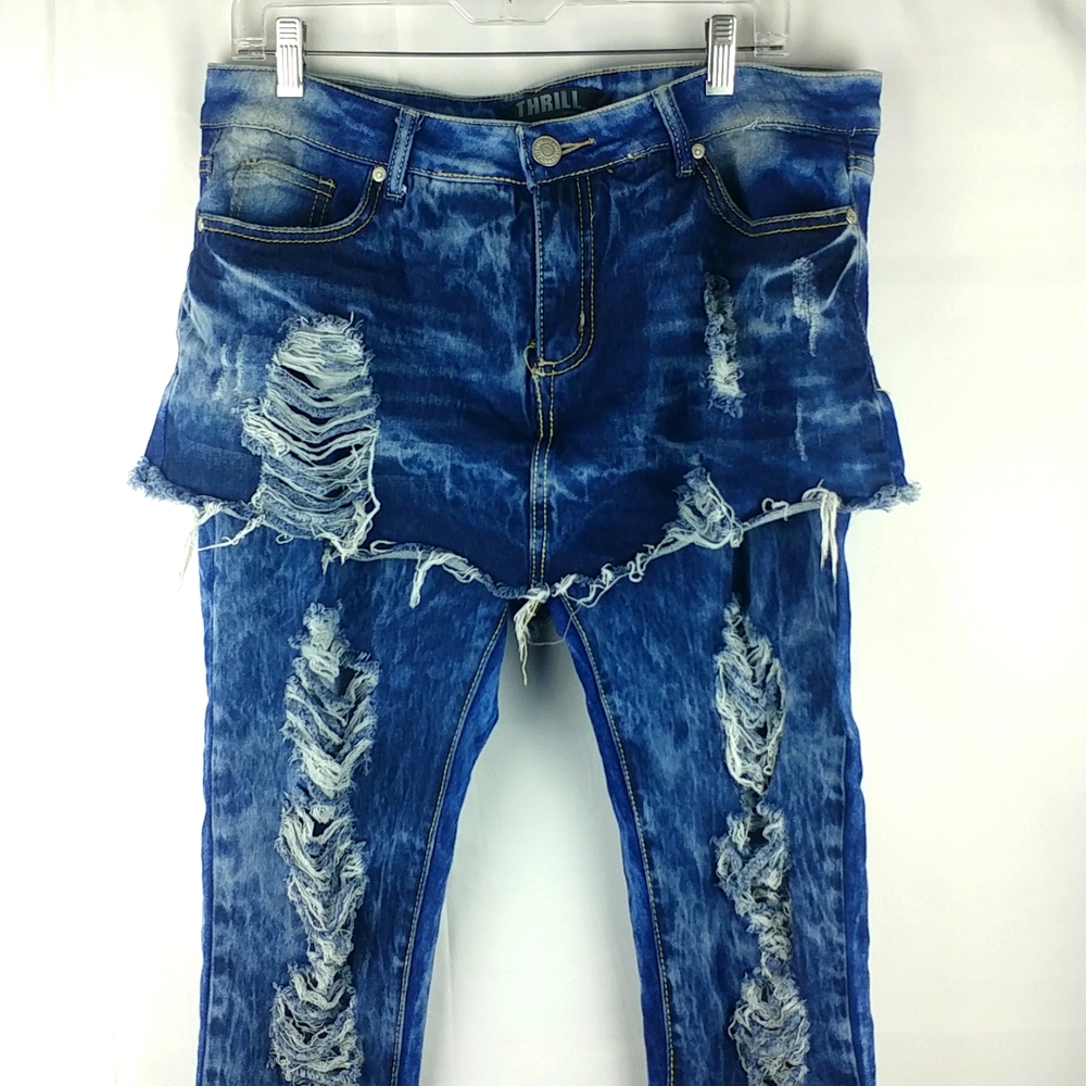THRILL Distressed Denim Skirt Over Jeans